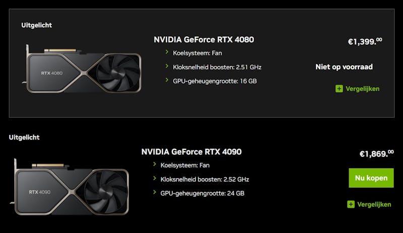 Screenshot van Nvidia's eigen webwinkel in de Benelux, waar de RTX 4080 en RTX 4090 nu voor een licht verlaagde vraagprijs aangeboden worden.