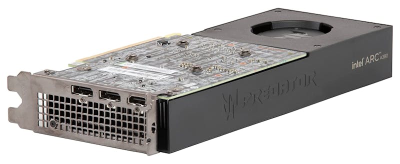 Isometrisch aanzicht van de Acer Predator Intel Arc A380-videokaart, met twee DisplayPort- en een hdmi-connector zichtbaar.