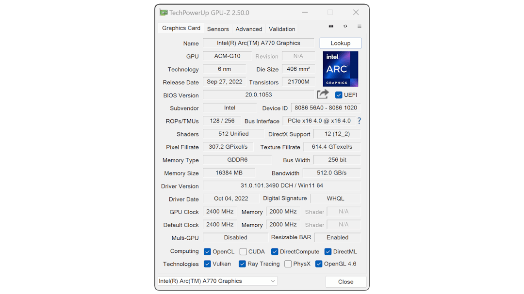 GPU-Z-specificaties van een Intel Arc A770 met 16 GB geheugen, waarbij de kloksnelheden lager liggen dan Intel oorspronkelijk had beloofd.