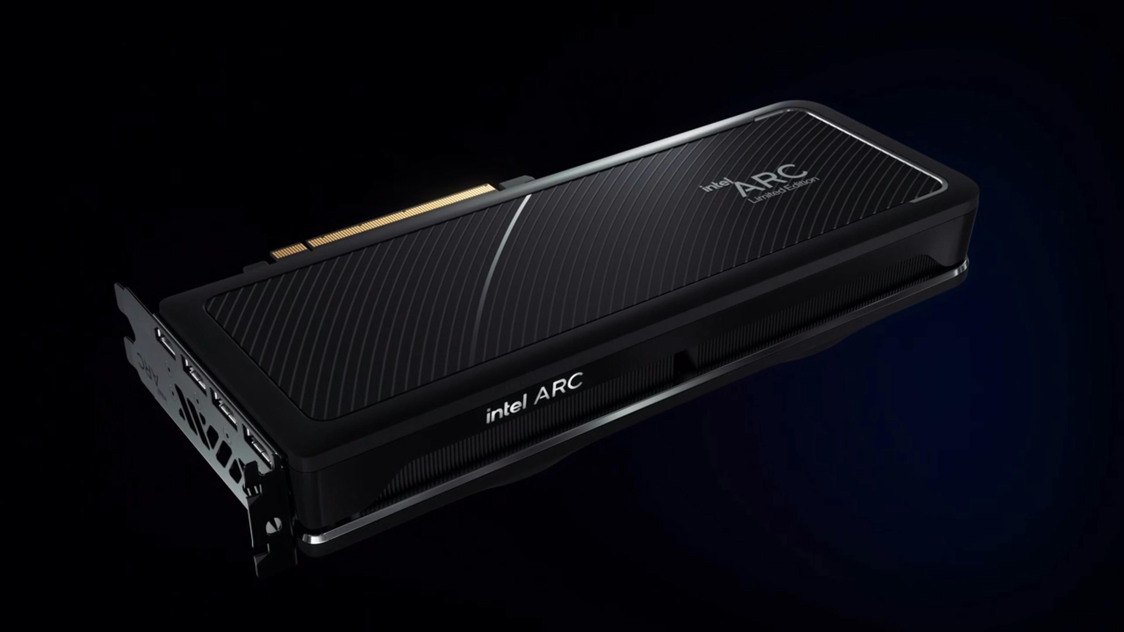 Videokaart van Intel kort getoond met drie 8-pins connectoren