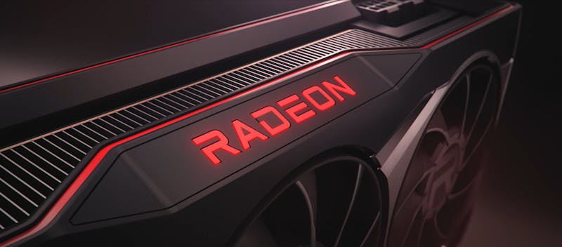 Close-up render van het Radeon-logo op een van de nieuwe AMD Radeon RX 6000-videokaarten.