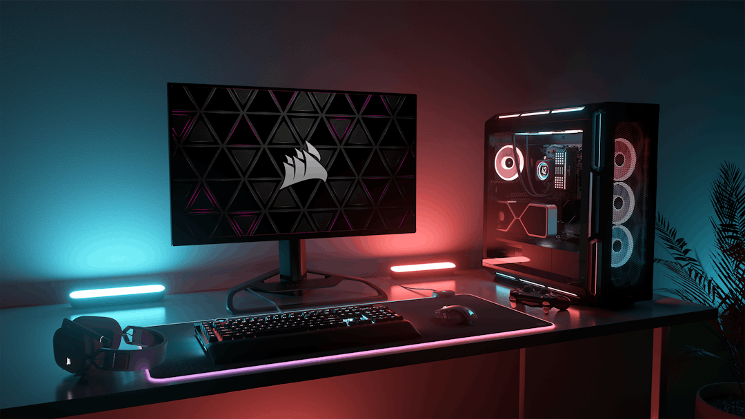 Voorbeeldscenario van een set-up met Corsair iCUE-apparatuur en Philips Hue-sfeerverlichting.