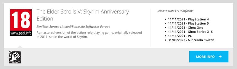 Skyrim Anniversary Edition Nintendo Switch leeftijdskeuring