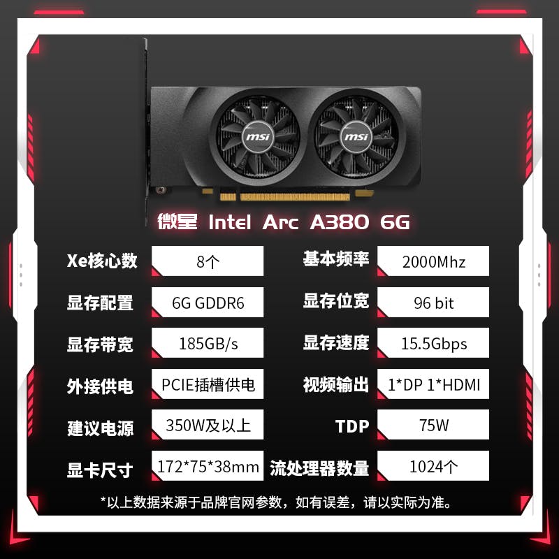 Overzicht van de (standaard) specificaties van een Intel Arc A380-gpu, in dit geval een partnermodel van MSI.