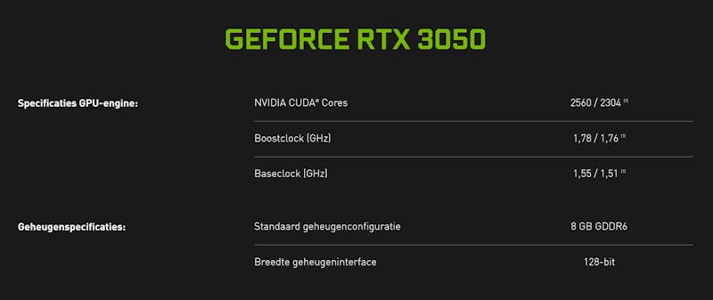 Enkele specificaties van Nvidia's GeForce RTX 3050-gpu, welke klaarblijkelijk in twee verschillende varianten komt, met verschillende hoeveelheid (reken)kernen.