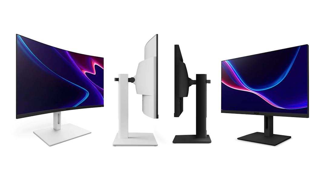 Meerdere aanzichten van de witte NZXT Canvas 32Q Curved en de zwarte NZXT Canvas 27Q monitoren.