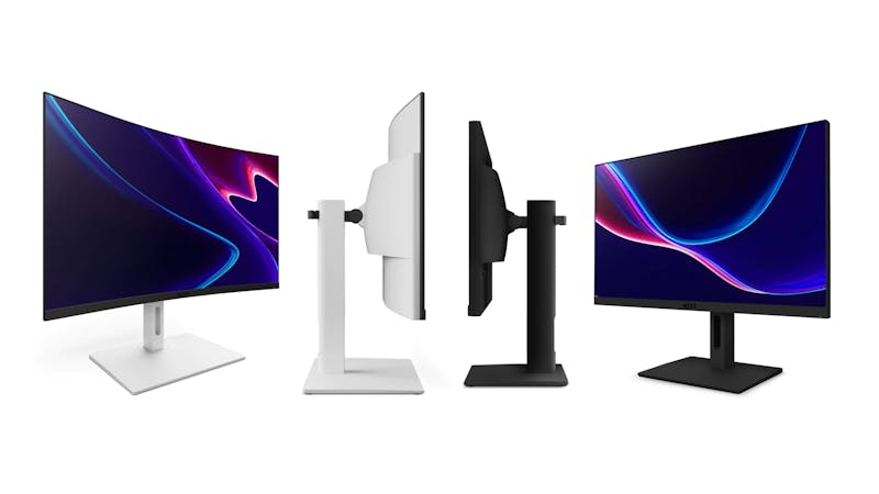 Meerdere aanzichten van de witte NZXT Canvas 32Q Curved en de zwarte NZXT Canvas 27Q monitoren.