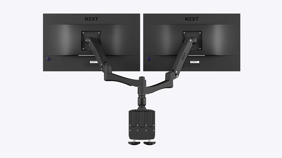 Achteraanzicht van twee NZXT-monitoren aan de NZXT Dual Monitor Arm.