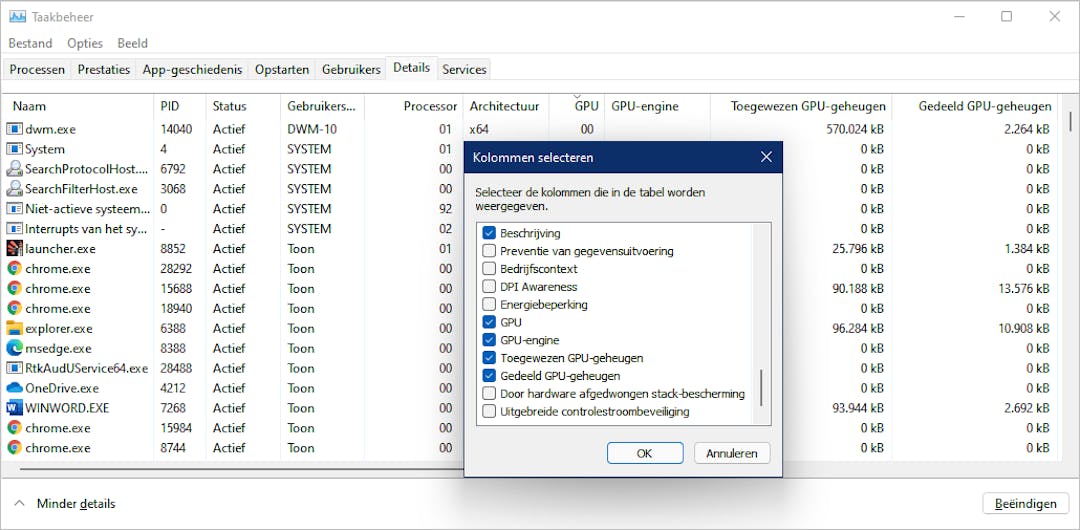 Ga na hoe zwaar elk proces je gpu belast en welke engines worden aangesproken.