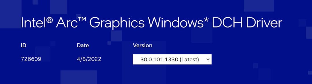 Screenshot van het officiële Intel Arc-driverportaal, met de meest recente graphics-drivers van begin april 2022.