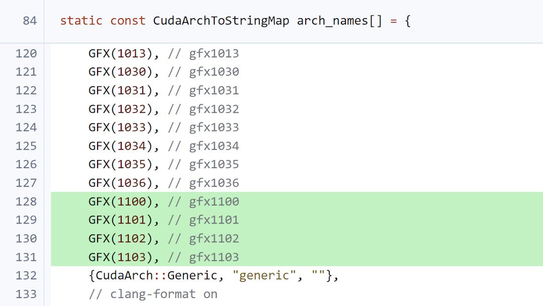 Screenshot van AMD's LLVM-broncode, waarin vier nieuwe grafische producten van AMD per codenaam toegevoegd zijn.