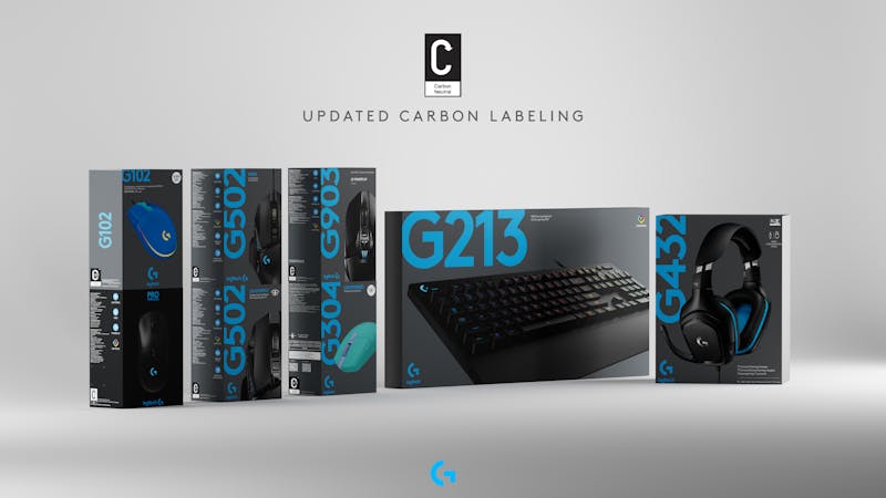 Acht Logitech G-producten die sinds 2022 met CO2-neutraal vaandel verkocht worden.