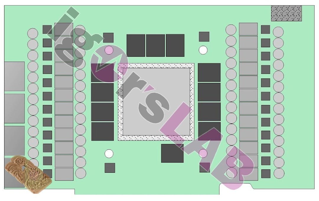 Blauwdruk van de verwachtte printplaat van Nvidia's zwaarste Ada Lovelace-gpu, de AD102.