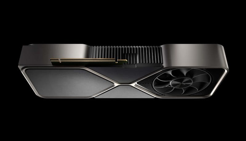 Render van een GeForce RTX-videokaart uit de Ampere-generatie.