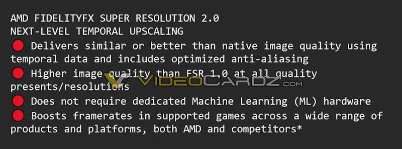 Gelekte presentatieslide vanuit AMD, waarin de voordelen van FidelityFX Super Resolution 2.0 worden besproken.