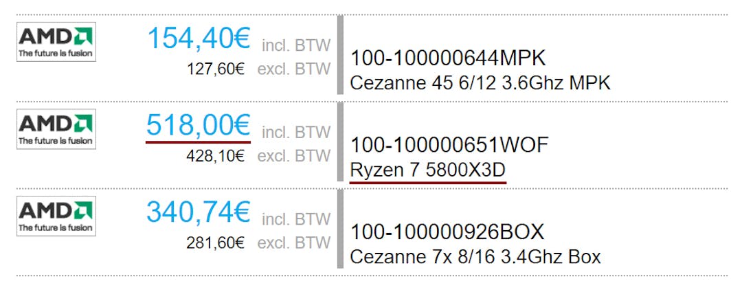 Screenshot van een webwinkel waar de AMD Ryzen 7 5800X3D al ver voor diens onthulling wordt aangeboden.