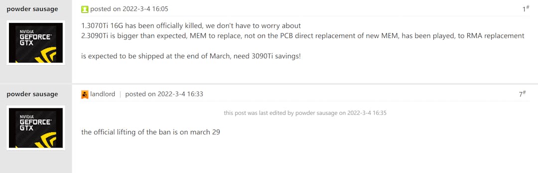 Screenshot van enkele geruchten die op de fora van Chiphell gedeeld werden over de GeForce RTX 3090 Ti van Nvidia.