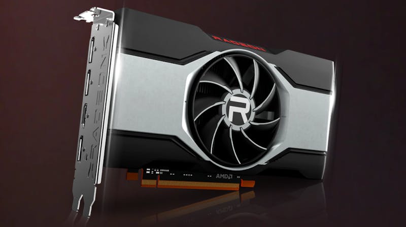 Productafbeelding van AMD's eigen referentiedesign van de Radeon RX 6600 XT-videokaart.