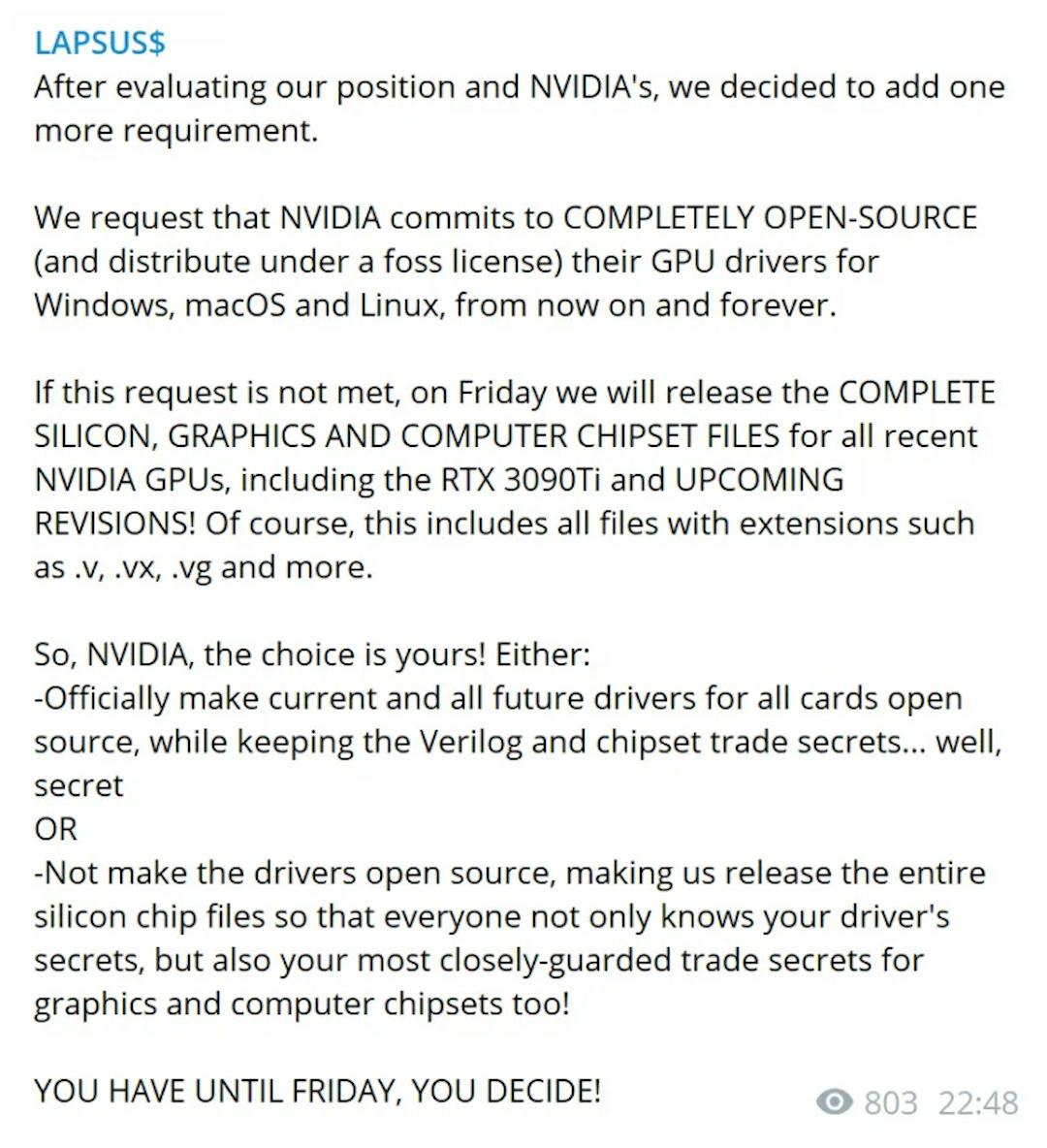 Screenshot van de eisen van hackerscollectief Lapsus$, welke Nvidia dwingt om voortaan drivers open-source te publiceren.