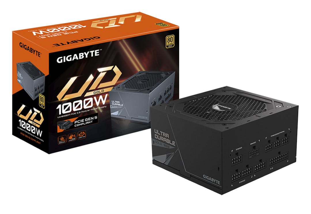 Productfoto van de Gigabyte UD1000GM-netvoeding, inclusief doos.