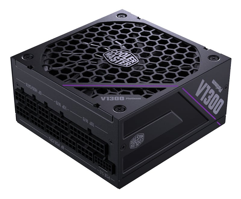 Productfoto van de Cooler Master V1300 SFX Platinum-voeding, compleet met PCIe 5.0-stroomconnector.