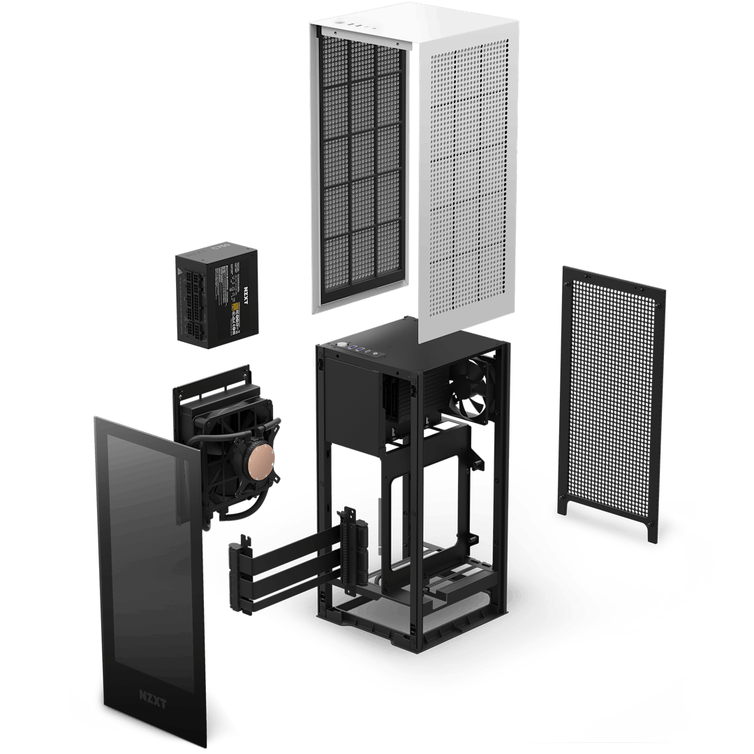 Productfoto van de H1-computerbehuizing van NZXT, waarbij de losse componenten in een 'geëxplodeerde' weergave zijn afgebeeld.