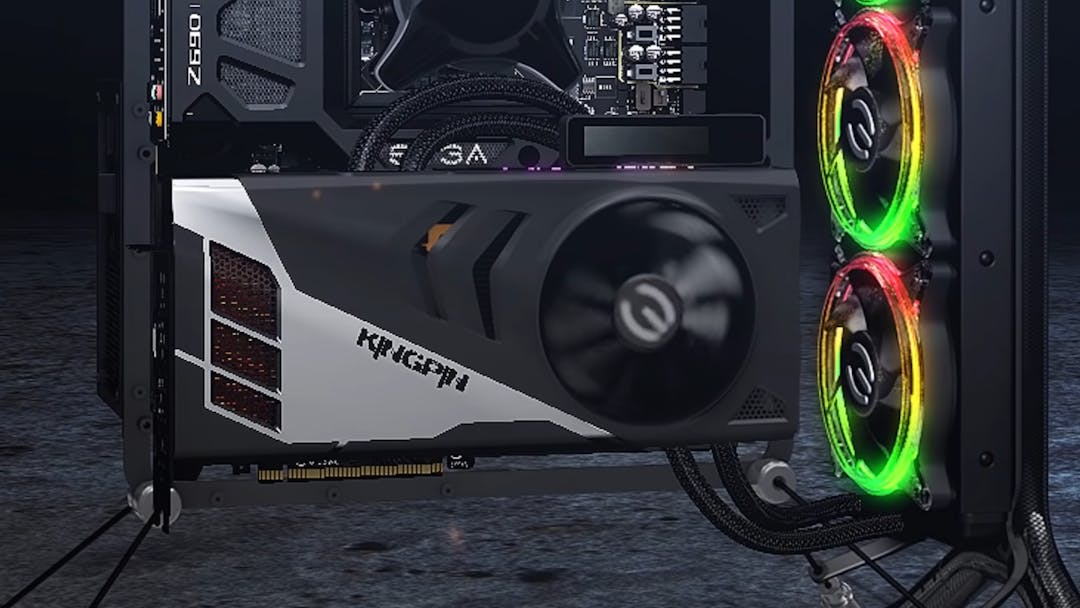 Render van EVGA's Kingpin-editie van de GeForce RTX 3090 Ti in het nieuwe E1-chassis.