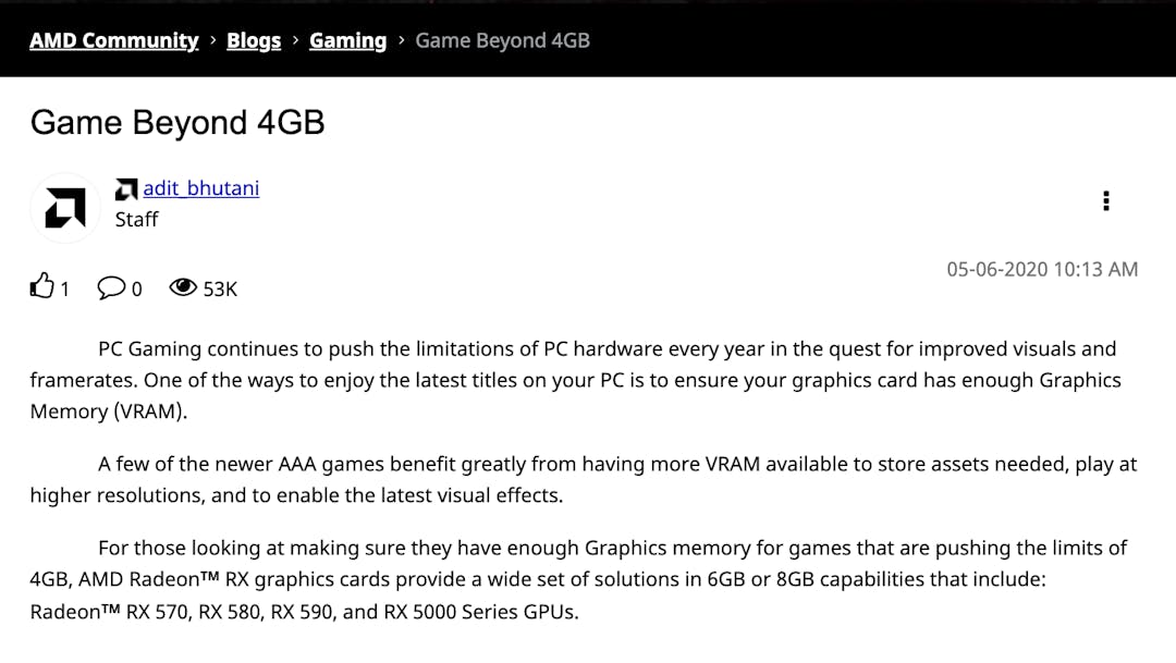 Screenshot van een inmiddels verwijderde AMD-blogpost over hoe 4GB aan VRAM achterhaald begint te raken.