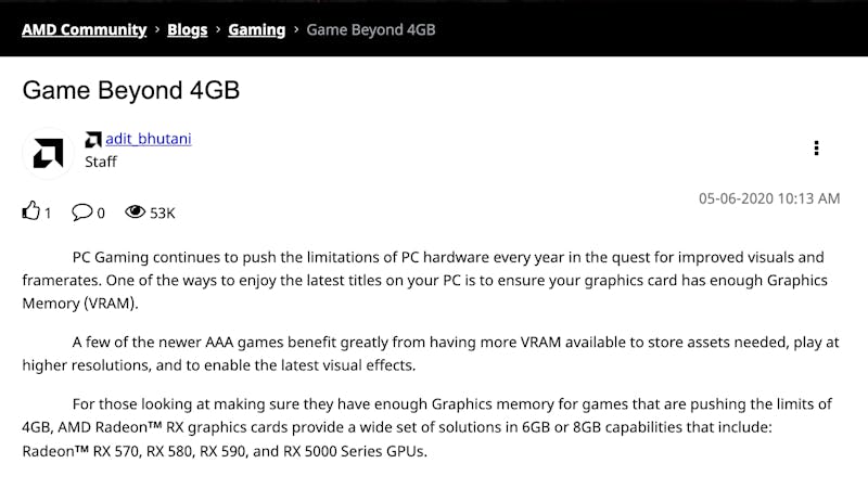 Screenshot van een inmiddels verwijderde AMD-blogpost over hoe 4GB aan VRAM achterhaald begint te raken.
