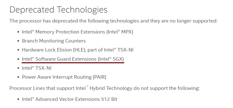 Screenshot van de 'verouderde technologie' die niet meer op Intel Alder Lake-cpu's gevonden kan worden, met Intel SGX onderstreept.