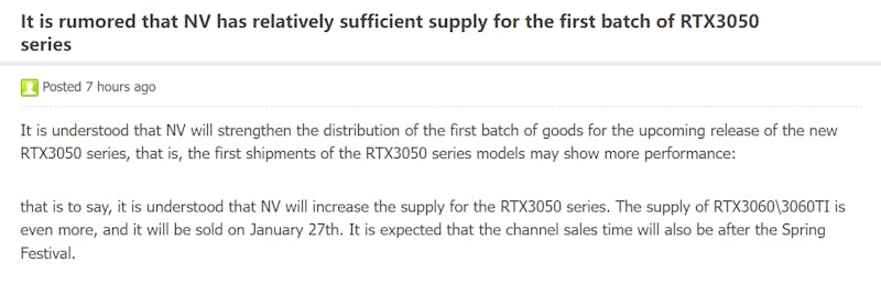 Screenshot van een uit het Chinees vertaalde forumpost over grotere voorraden van Nvidia's GeForce RTX 3050-gpu.