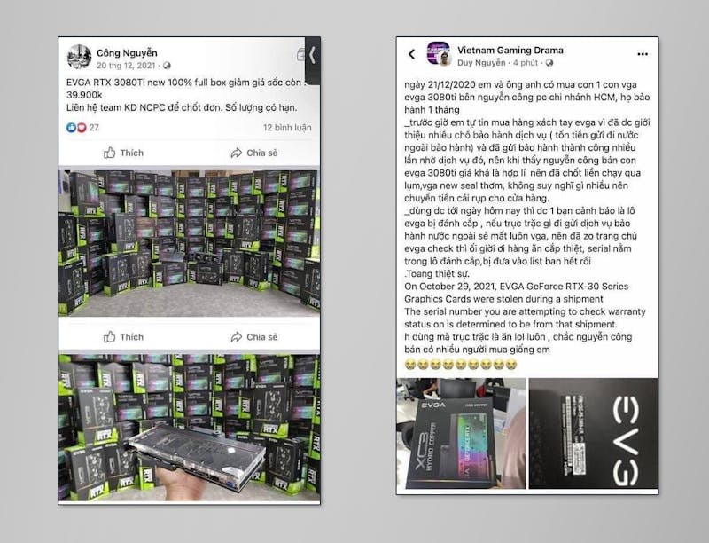 Reeds verwijderde Facebook-berichten van een vrachtlading (vermoedelijk gestolen) RTX-kaarten ter verkoop.