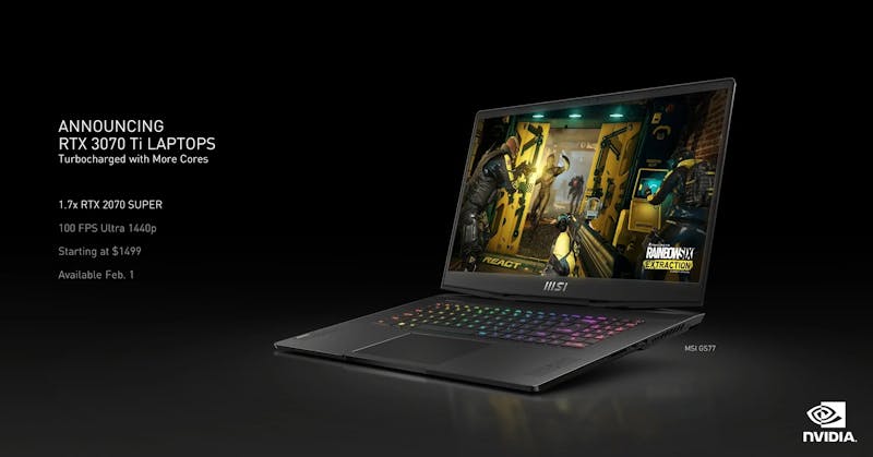 Korte specificatie-sheet van de mobiele RTX 3070 Ti voor gaminglaptops.