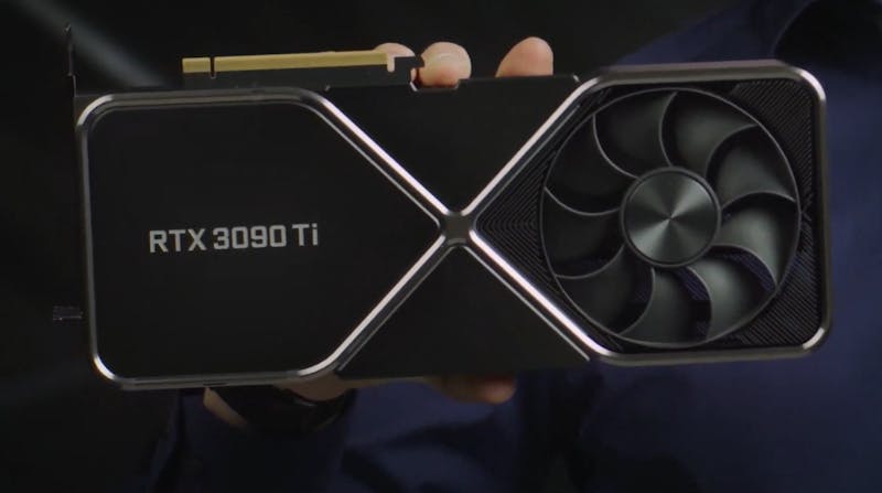 Screenshot van de RTX 3090 Ti die tijdens Nvidia's CES 2022-presentatie kortstondig geteased werd.