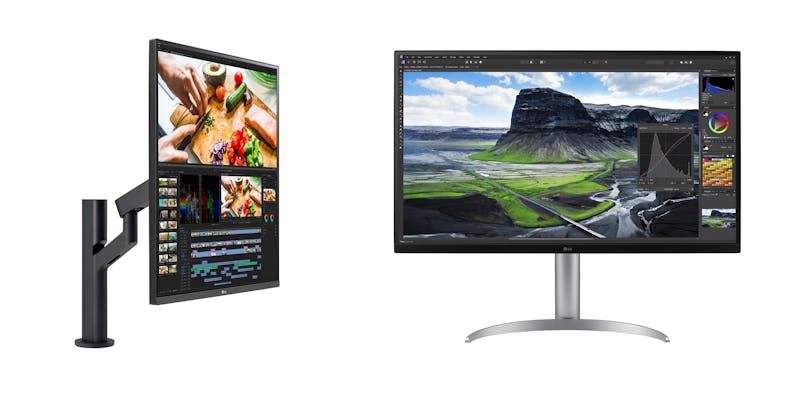 Zij-aan-zij productfoto's van LG's geheel ongekende DualUp-monitor en een nieuw UltraFine-model.