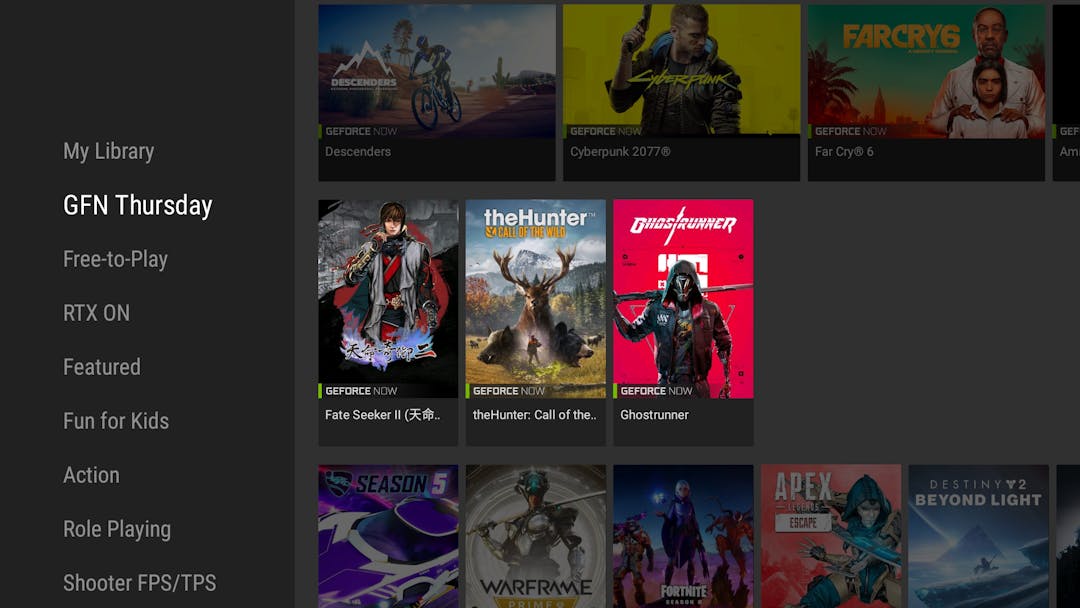 De GeForce Now Thursday-sectie op de NVIDIA Games Android-applicatie van Shield TV.