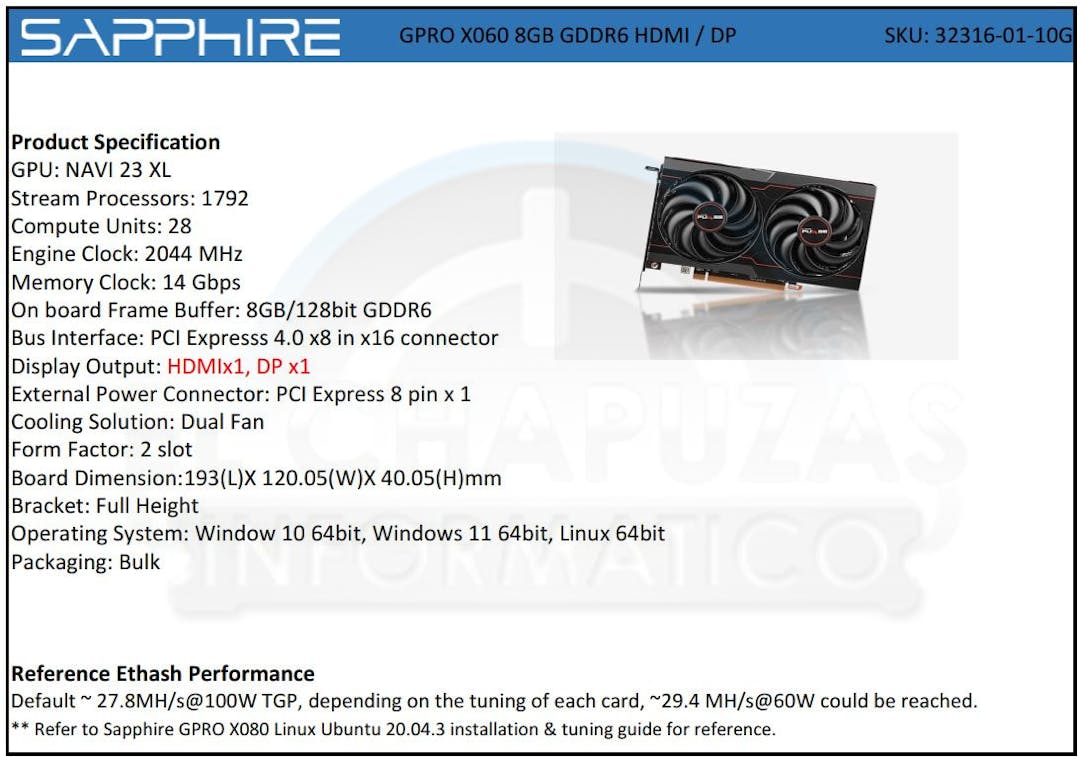 Gelekte datasheet van de Sapphire GPRO X060-videokaart, bedoeld voor cryptomining.