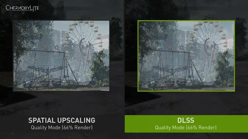 Zij-aan-zij-vergelijking van een spatial upscalingtechnologie (vermoedelijk AMD's FSR) en DLSS 2.3 in Chernobylite.