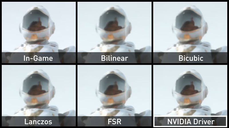 Vergelijkingen van verschillende spatial upscalingtechnologieën, waaronder AMD's FSR en Nvidia's eerdere (pre-DLSS-)technologie.