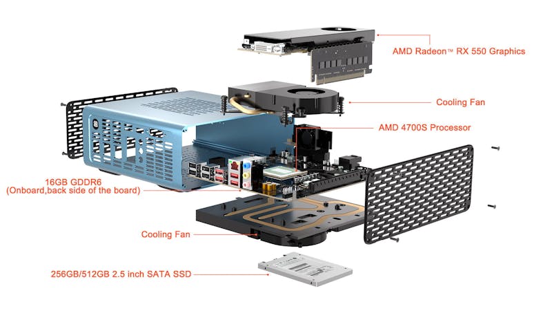 Geëxplodeerde weergave van de MinisForum CR50-computer.