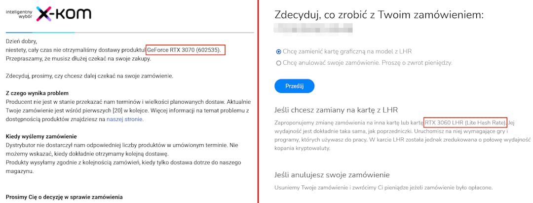 Screencap van communicatie met X-Kom over het ruilen van een bestelde RTX 3070 voor een RTX 3060 (LHR).