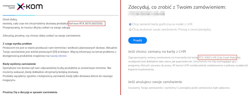 Screencap van communicatie met X-Kom over het ruilen van een bestelde RTX 3070 voor een RTX 3060 (LHR).