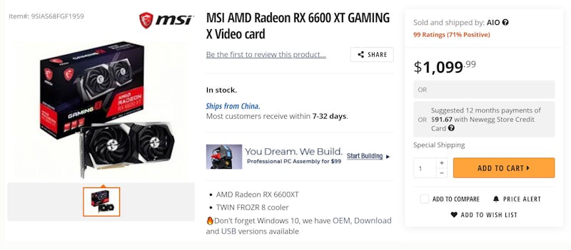 Screenshot van een Newegg-pagina voor de MSI Radeon RX 6600 XT Gaming X-videokaart.