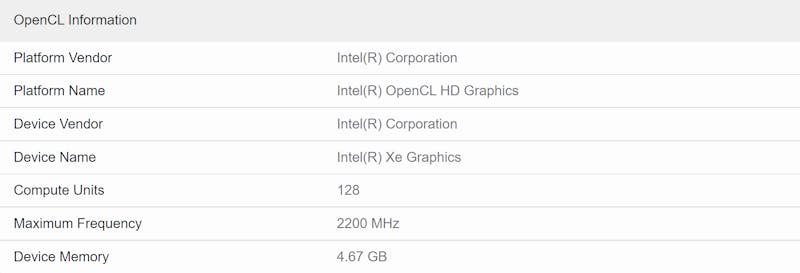 Gpu-gegevens bij een Geekbench V5-test, gedraaid op een tweede generatie Intel Xe Graphics-videokaart.