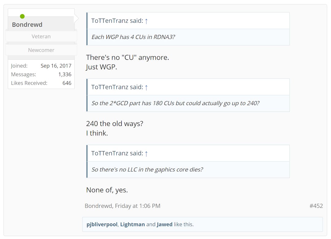 Screenshot van een Beyond3D-forumpost waarin gebruiker Bondrewd informatie lijkt te hebben over het chiplet-ontwerp van AMD's Navi 31-gpu.