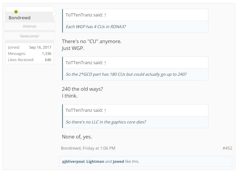 Screenshot van een Beyond3D-forumpost waarin gebruiker Bondrewd informatie lijkt te hebben over het chiplet-ontwerp van AMD's Navi 31-gpu.