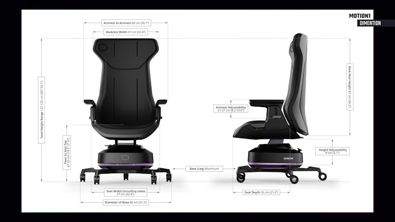 De dimensies van de Cooler Master Motion 1-bureaustoel.