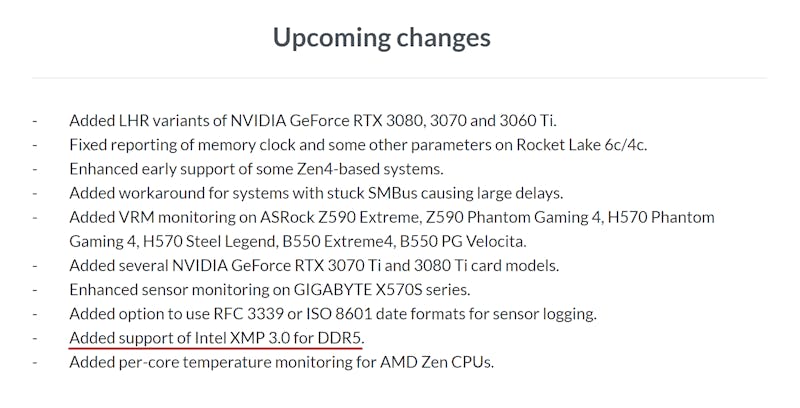 Screenshot van de aanstormende changelog van de HWiNFO-software. De zin 'Added support of Intel XMP 3.0 for DD5' is onderstreept.