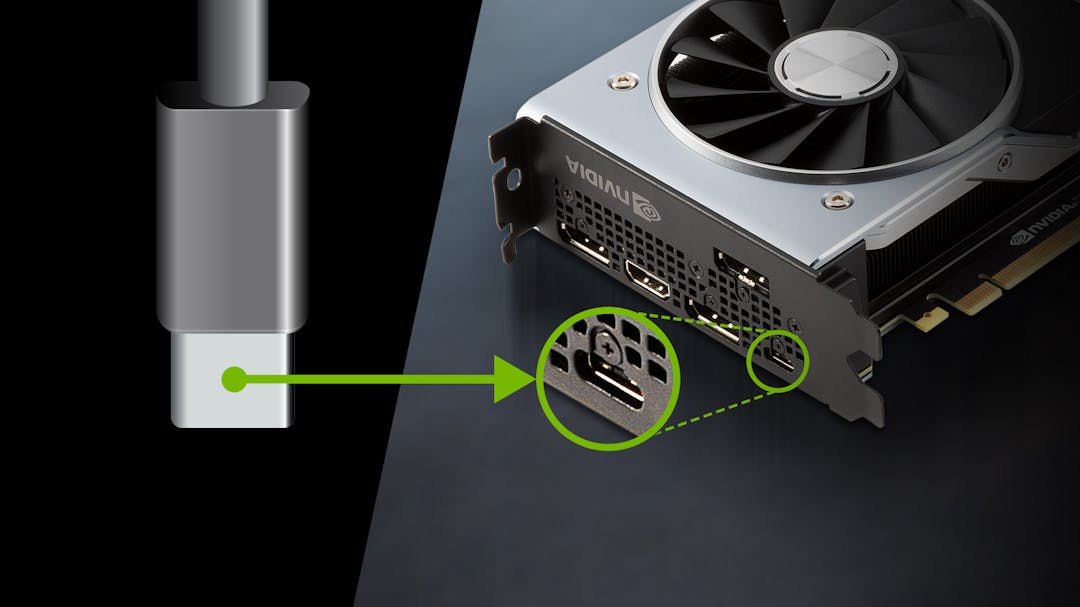 Afbeelding van de VirtualLink-connector en de bijbehorende poort op een Turing-generatie videokaart van Nvidia.