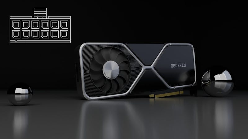 Fan-render van Reddit-gebruiker creper9000, waarop de vermoedelijke NVIDIA GeForce RTX 3080 Ti afgebeeld is. Bijgevoegd is een blauwdruk van de 12 pins PSU-connector die mogelijk benodigd is om de nieuwe kaart van stroom te voorzien.